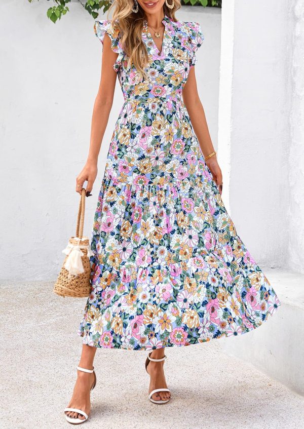 PRETTYGARDEN Women's 2025 Summer Floral Midi Dress Cap Sleeve V Neck Ruffle Long Flowy Boho Casual Beach Vacation Dresses - Image 13