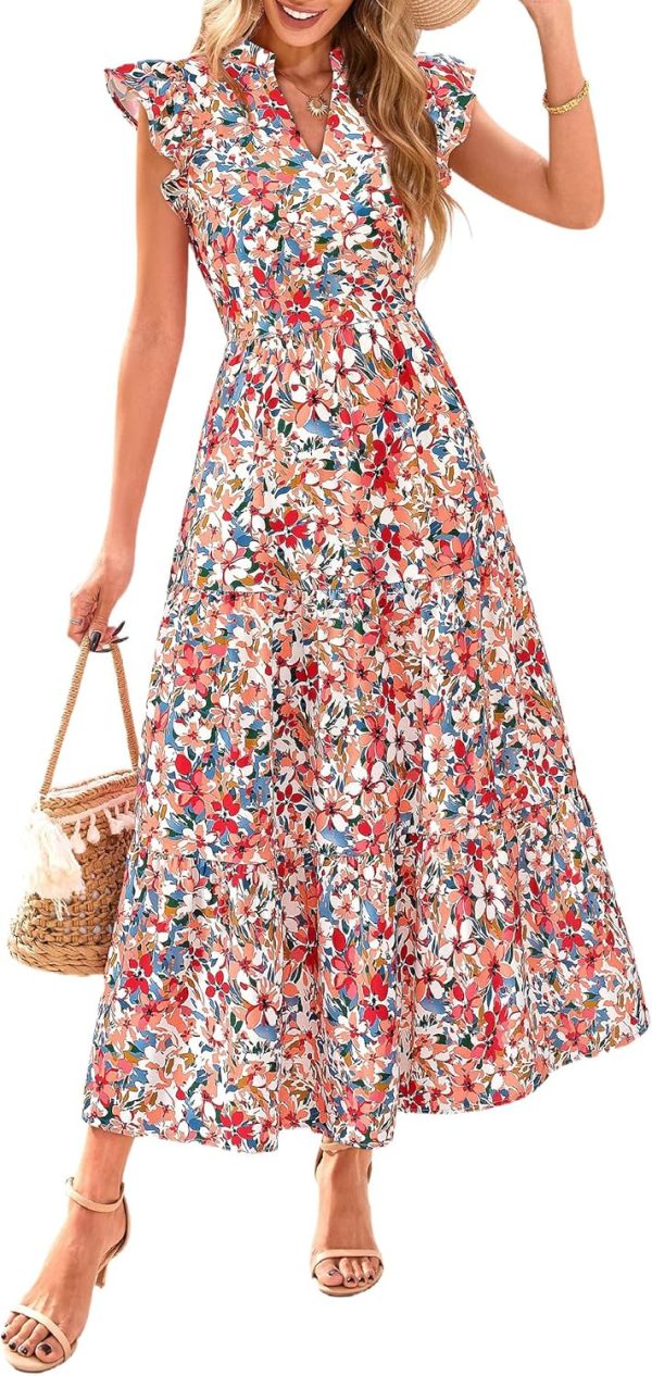 PRETTYGARDEN Women's 2025 Summer Floral Midi Dress Cap Sleeve V Neck Ruffle Long Flowy Boho Casual Beach Vacation Dresses - Image 14
