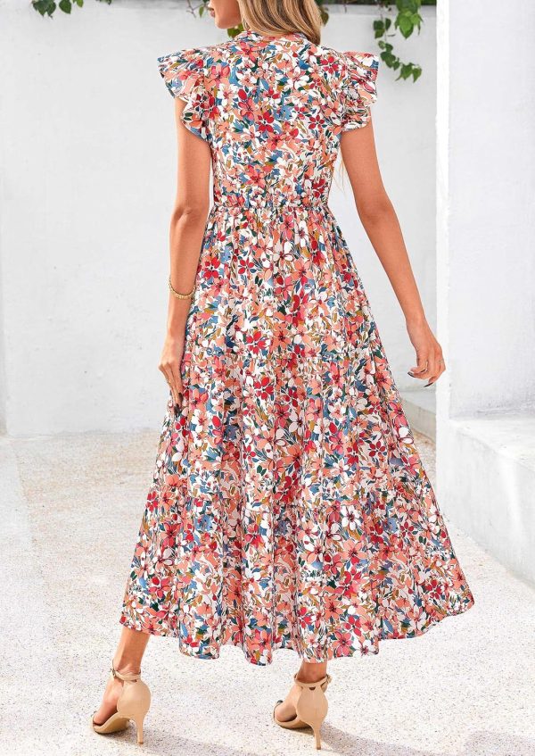 PRETTYGARDEN Women's 2025 Summer Floral Midi Dress Cap Sleeve V Neck Ruffle Long Flowy Boho Casual Beach Vacation Dresses - Image 15