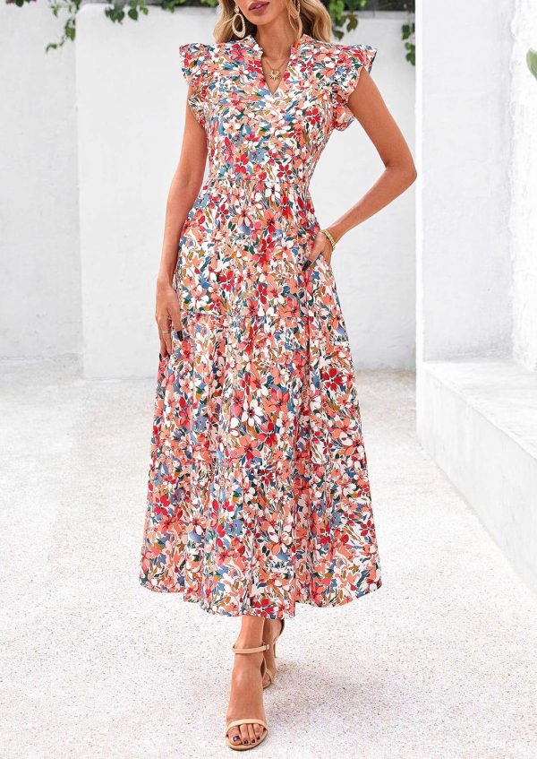 PRETTYGARDEN Women's 2025 Summer Floral Midi Dress Cap Sleeve V Neck Ruffle Long Flowy Boho Casual Beach Vacation Dresses - Image 17
