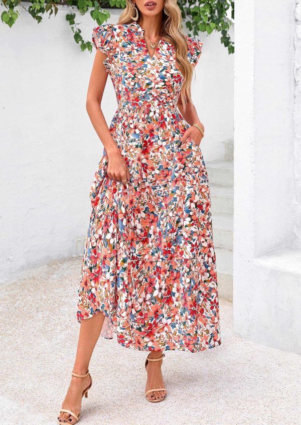 PRETTYGARDEN Women's 2025 Summer Floral Midi Dress Cap Sleeve V Neck Ruffle Long Flowy Boho Casual Beach Vacation Dresses - Image 18