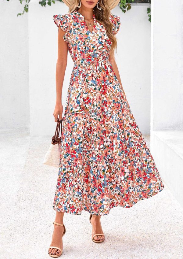 PRETTYGARDEN Women's 2025 Summer Floral Midi Dress Cap Sleeve V Neck Ruffle Long Flowy Boho Casual Beach Vacation Dresses - Image 19
