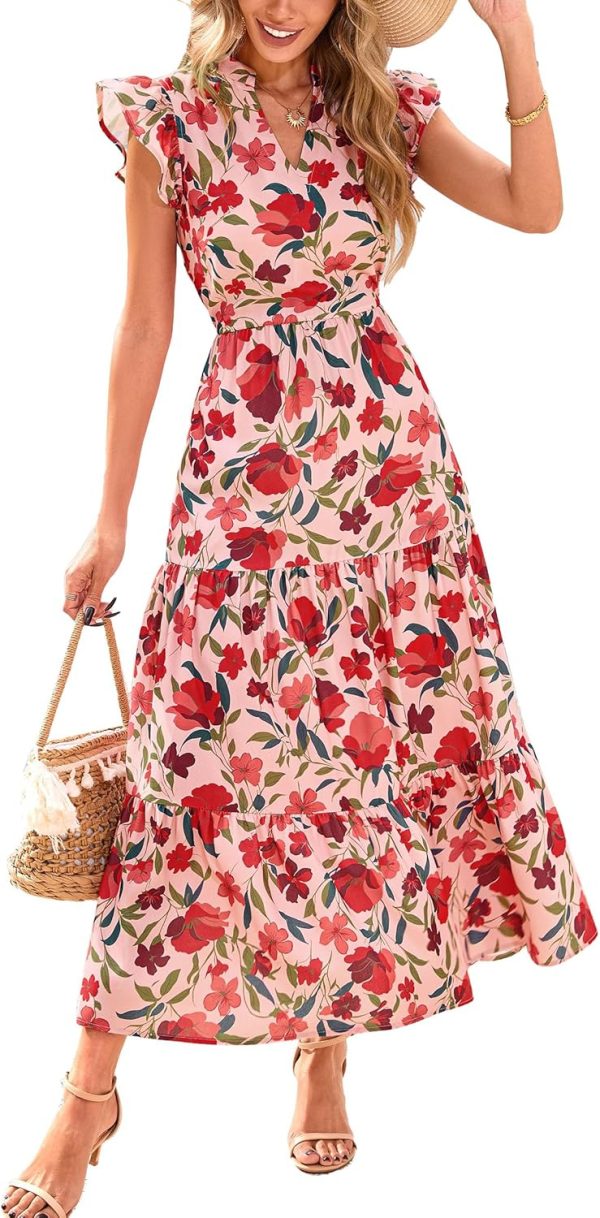 PRETTYGARDEN Women's 2025 Summer Floral Midi Dress Cap Sleeve V Neck Ruffle Long Flowy Boho Casual Beach Vacation Dresses - Image 20