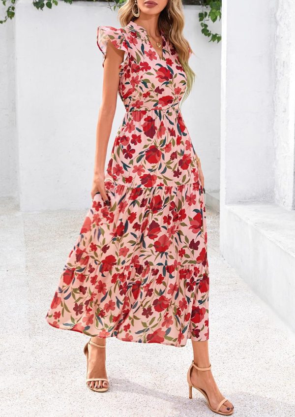 PRETTYGARDEN Women's 2025 Summer Floral Midi Dress Cap Sleeve V Neck Ruffle Long Flowy Boho Casual Beach Vacation Dresses - Image 23