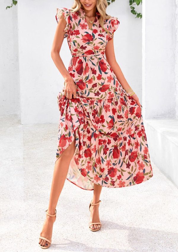 PRETTYGARDEN Women's 2025 Summer Floral Midi Dress Cap Sleeve V Neck Ruffle Long Flowy Boho Casual Beach Vacation Dresses - Image 25