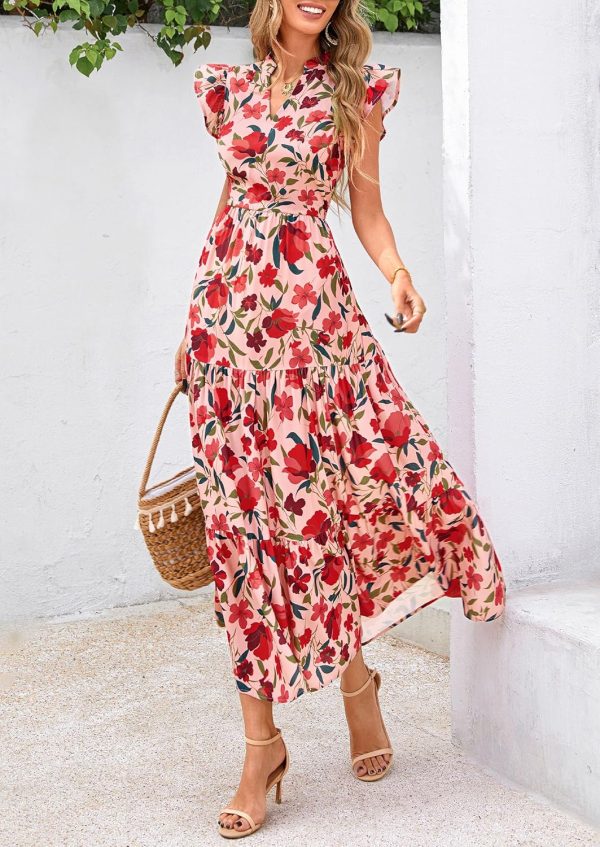 PRETTYGARDEN Women's 2025 Summer Floral Midi Dress Cap Sleeve V Neck Ruffle Long Flowy Boho Casual Beach Vacation Dresses - Image 26