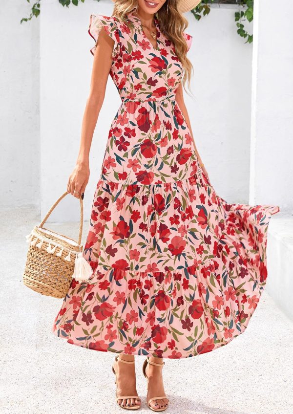 PRETTYGARDEN Women's 2025 Summer Floral Midi Dress Cap Sleeve V Neck Ruffle Long Flowy Boho Casual Beach Vacation Dresses - Image 27