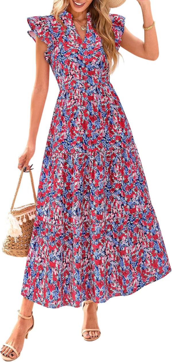 PRETTYGARDEN Women's 2025 Summer Floral Midi Dress Cap Sleeve V Neck Ruffle Long Flowy Boho Casual Beach Vacation Dresses - Image 28