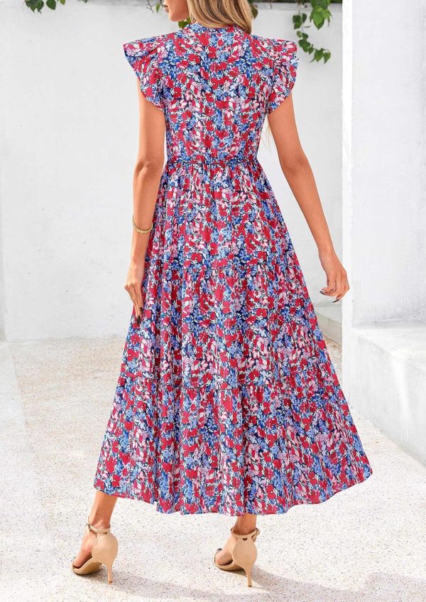 PRETTYGARDEN Women's 2025 Summer Floral Midi Dress Cap Sleeve V Neck Ruffle Long Flowy Boho Casual Beach Vacation Dresses - Image 29