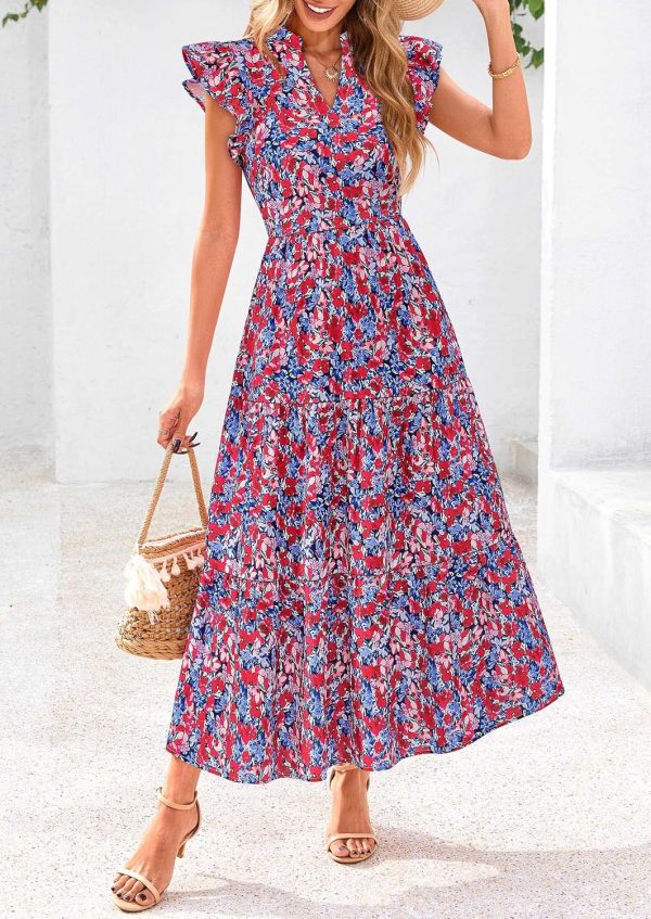 PRETTYGARDEN Women's 2025 Summer Floral Midi Dress Cap Sleeve V Neck Ruffle Long Flowy Boho Casual Beach Vacation Dresses - Image 30