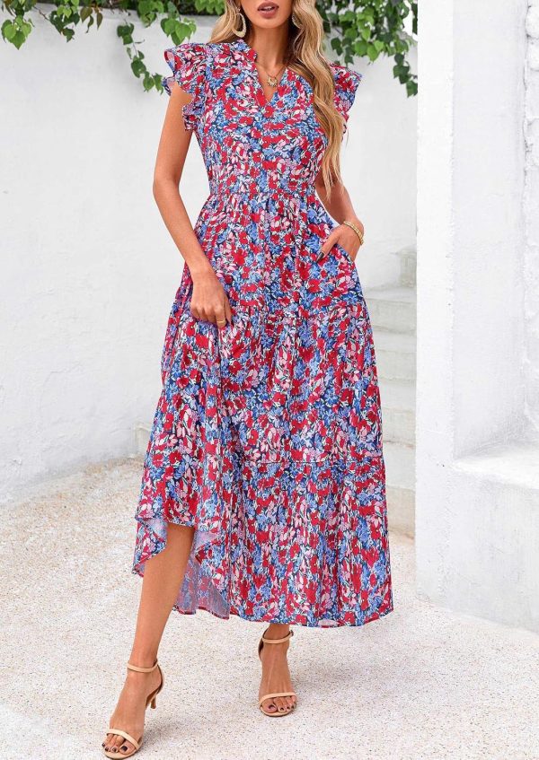 PRETTYGARDEN Women's 2025 Summer Floral Midi Dress Cap Sleeve V Neck Ruffle Long Flowy Boho Casual Beach Vacation Dresses - Image 32