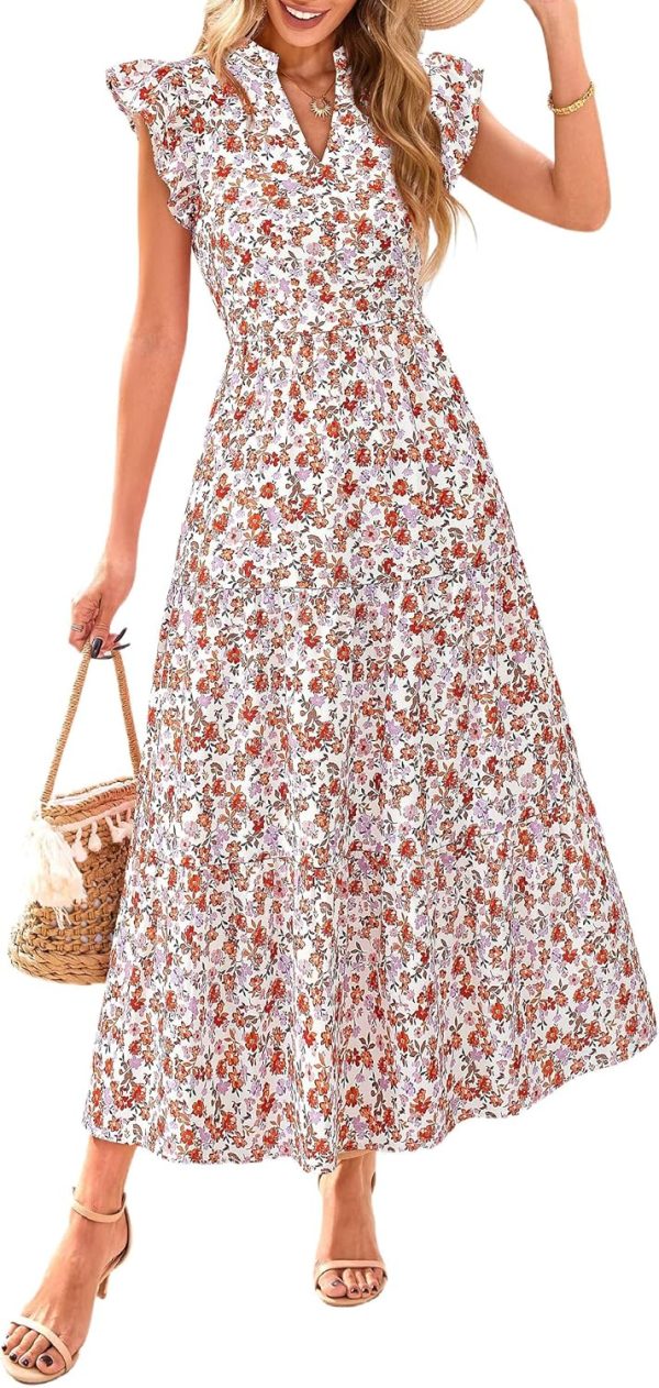 PRETTYGARDEN Women's 2025 Summer Floral Midi Dress Cap Sleeve V Neck Ruffle Long Flowy Boho Casual Beach Vacation Dresses - Image 34