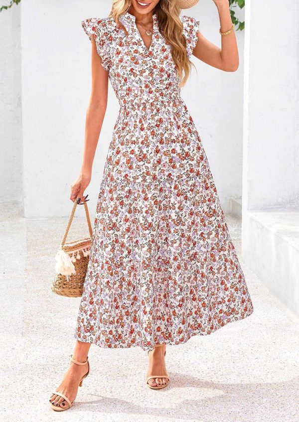 PRETTYGARDEN Women's 2025 Summer Floral Midi Dress Cap Sleeve V Neck Ruffle Long Flowy Boho Casual Beach Vacation Dresses - Image 36