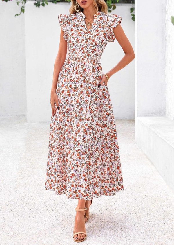 PRETTYGARDEN Women's 2025 Summer Floral Midi Dress Cap Sleeve V Neck Ruffle Long Flowy Boho Casual Beach Vacation Dresses - Image 37