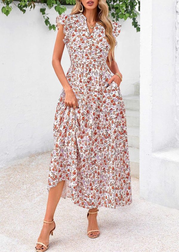 PRETTYGARDEN Women's 2025 Summer Floral Midi Dress Cap Sleeve V Neck Ruffle Long Flowy Boho Casual Beach Vacation Dresses - Image 38