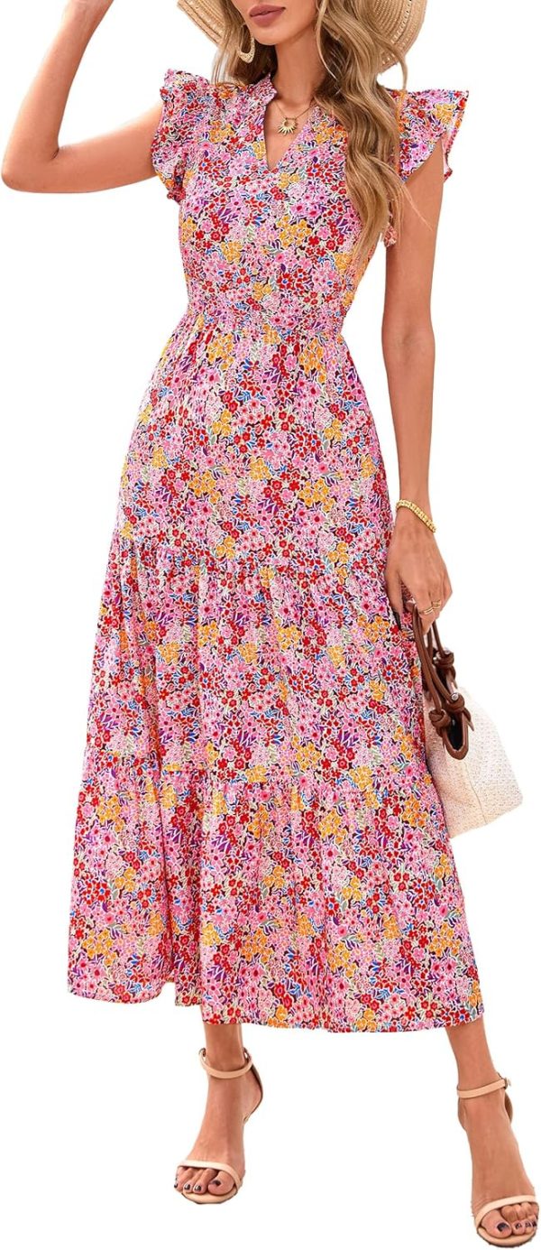 PRETTYGARDEN Women's 2025 Summer Floral Midi Dress Cap Sleeve V Neck Ruffle Long Flowy Boho Casual Beach Vacation Dresses - Image 40