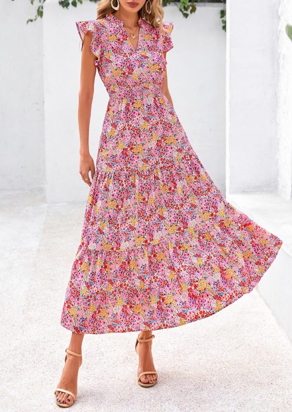 PRETTYGARDEN Women's 2025 Summer Floral Midi Dress Cap Sleeve V Neck Ruffle Long Flowy Boho Casual Beach Vacation Dresses - Image 42