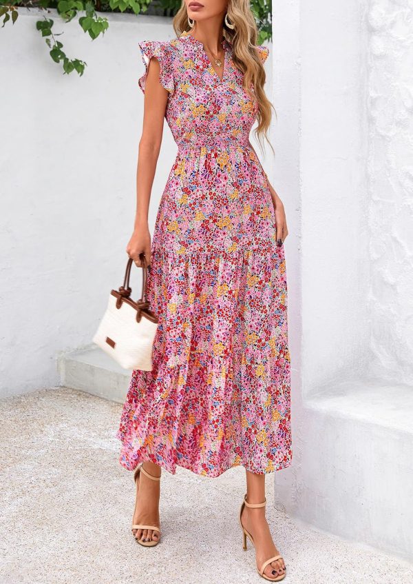 PRETTYGARDEN Women's 2025 Summer Floral Midi Dress Cap Sleeve V Neck Ruffle Long Flowy Boho Casual Beach Vacation Dresses - Image 43