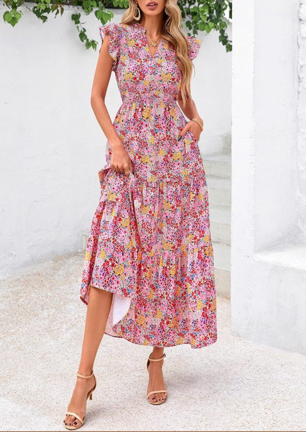 PRETTYGARDEN Women's 2025 Summer Floral Midi Dress Cap Sleeve V Neck Ruffle Long Flowy Boho Casual Beach Vacation Dresses - Image 45