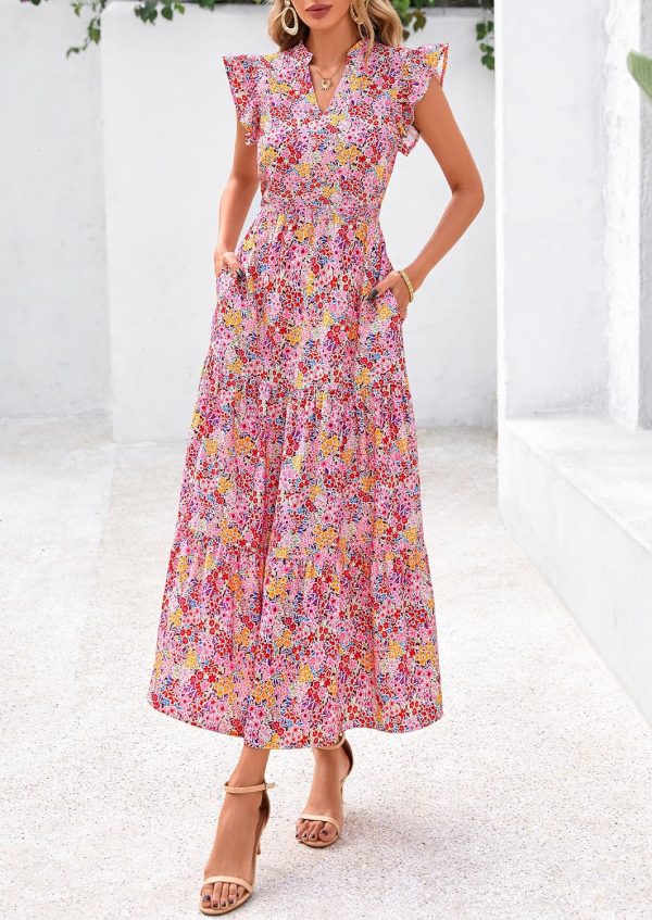 PRETTYGARDEN Women's 2025 Summer Floral Midi Dress Cap Sleeve V Neck Ruffle Long Flowy Boho Casual Beach Vacation Dresses - Image 46