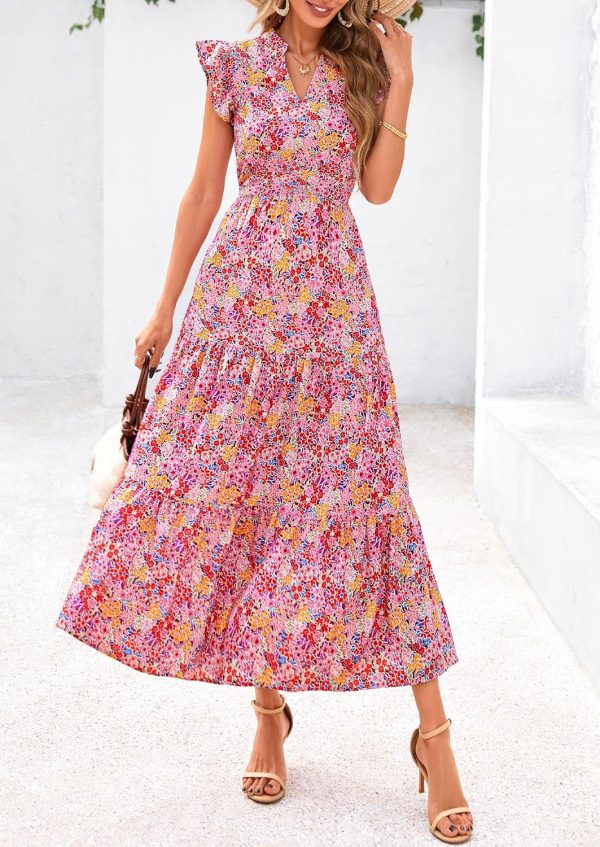 PRETTYGARDEN Women's 2025 Summer Floral Midi Dress Cap Sleeve V Neck Ruffle Long Flowy Boho Casual Beach Vacation Dresses - Image 47