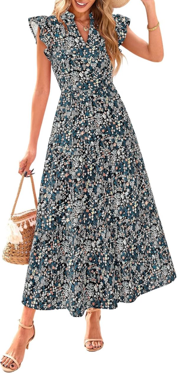 PRETTYGARDEN Women's 2025 Summer Floral Midi Dress Cap Sleeve V Neck Ruffle Long Flowy Boho Casual Beach Vacation Dresses - Image 48