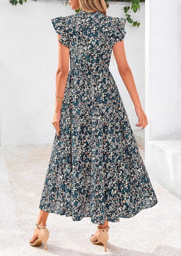 PRETTYGARDEN Women's 2025 Summer Floral Midi Dress Cap Sleeve V Neck Ruffle Long Flowy Boho Casual Beach Vacation Dresses - Image 49