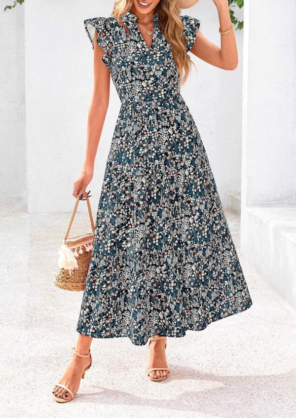 PRETTYGARDEN Women's 2025 Summer Floral Midi Dress Cap Sleeve V Neck Ruffle Long Flowy Boho Casual Beach Vacation Dresses - Image 50