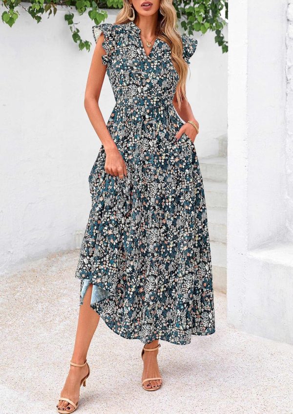 PRETTYGARDEN Women's 2025 Summer Floral Midi Dress Cap Sleeve V Neck Ruffle Long Flowy Boho Casual Beach Vacation Dresses - Image 52