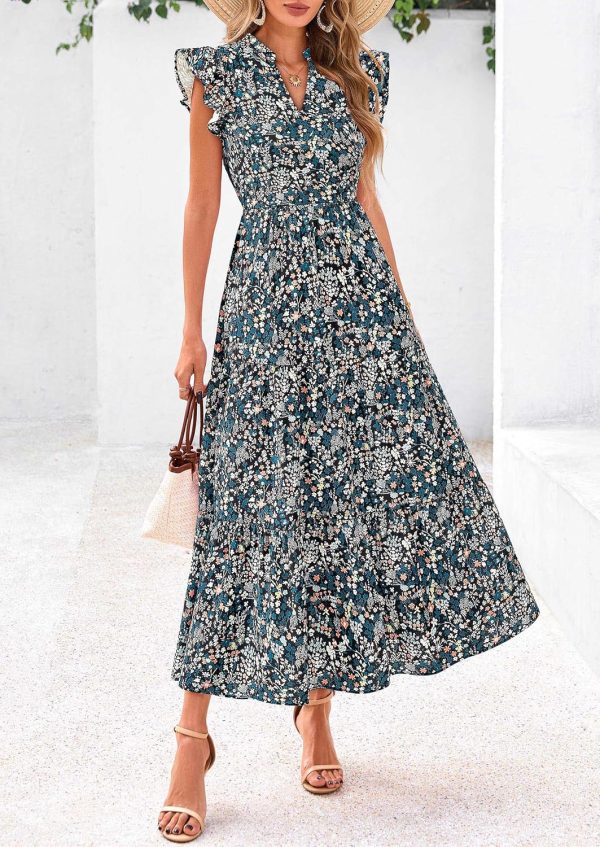 PRETTYGARDEN Women's 2025 Summer Floral Midi Dress Cap Sleeve V Neck Ruffle Long Flowy Boho Casual Beach Vacation Dresses - Image 53