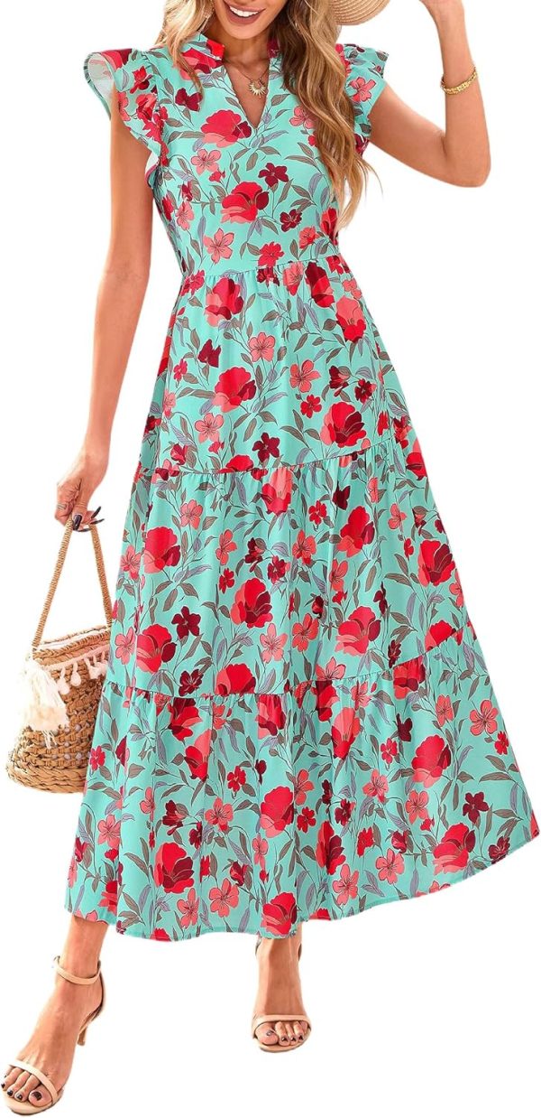 PRETTYGARDEN Women's 2025 Summer Floral Midi Dress Cap Sleeve V Neck Ruffle Long Flowy Boho Casual Beach Vacation Dresses - Image 54