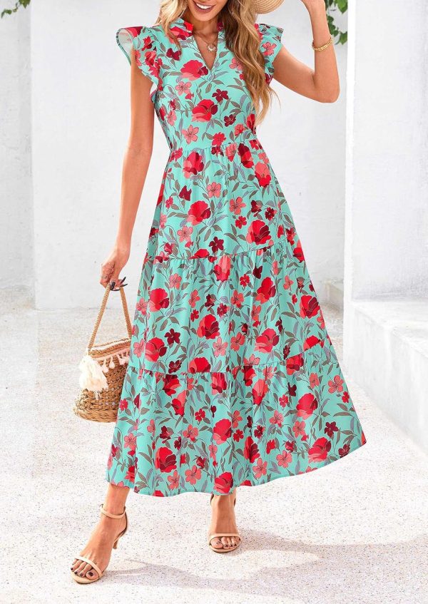 PRETTYGARDEN Women's 2025 Summer Floral Midi Dress Cap Sleeve V Neck Ruffle Long Flowy Boho Casual Beach Vacation Dresses - Image 56