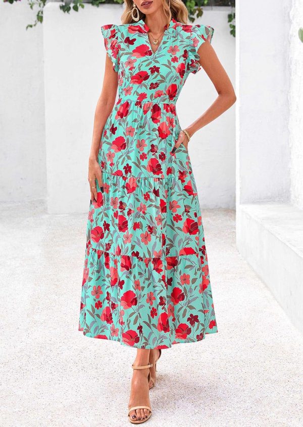 PRETTYGARDEN Women's 2025 Summer Floral Midi Dress Cap Sleeve V Neck Ruffle Long Flowy Boho Casual Beach Vacation Dresses - Image 57
