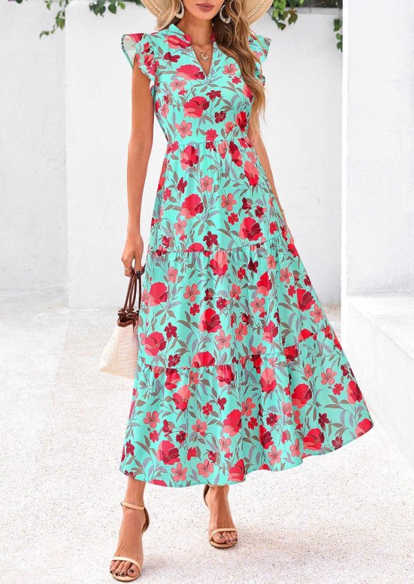PRETTYGARDEN Women's 2025 Summer Floral Midi Dress Cap Sleeve V Neck Ruffle Long Flowy Boho Casual Beach Vacation Dresses - Image 59