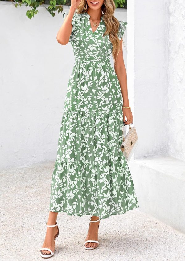 PRETTYGARDEN Women's 2025 Summer Floral Midi Dress Cap Sleeve V Neck Ruffle Long Flowy Boho Casual Beach Vacation Dresses - Image 67