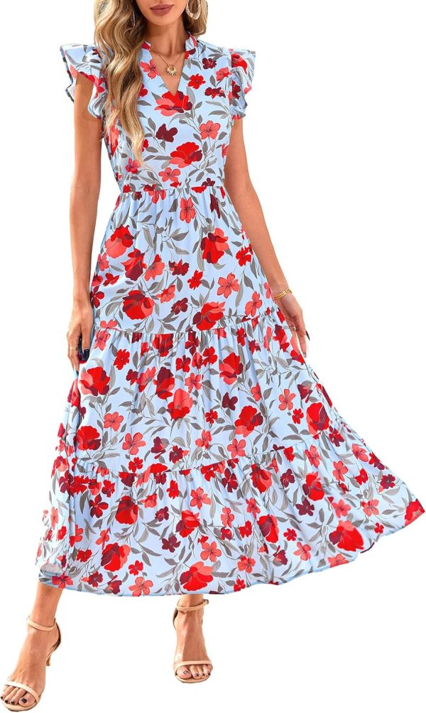 PRETTYGARDEN Women's 2025 Summer Floral Midi Dress Cap Sleeve V Neck Ruffle Long Flowy Boho Casual Beach Vacation Dresses - Image 68