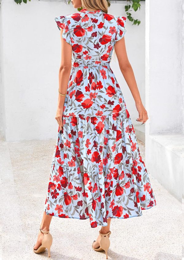 PRETTYGARDEN Women's 2025 Summer Floral Midi Dress Cap Sleeve V Neck Ruffle Long Flowy Boho Casual Beach Vacation Dresses - Image 69