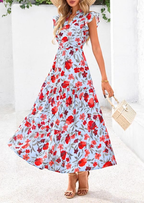 PRETTYGARDEN Women's 2025 Summer Floral Midi Dress Cap Sleeve V Neck Ruffle Long Flowy Boho Casual Beach Vacation Dresses - Image 71