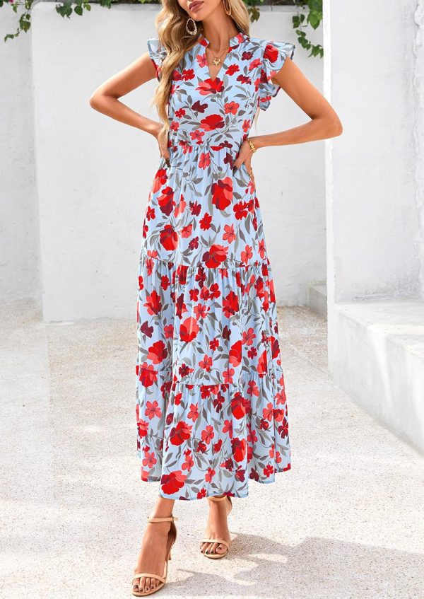 PRETTYGARDEN Women's 2025 Summer Floral Midi Dress Cap Sleeve V Neck Ruffle Long Flowy Boho Casual Beach Vacation Dresses - Image 74