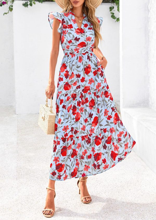 PRETTYGARDEN Women's 2025 Summer Floral Midi Dress Cap Sleeve V Neck Ruffle Long Flowy Boho Casual Beach Vacation Dresses - Image 75