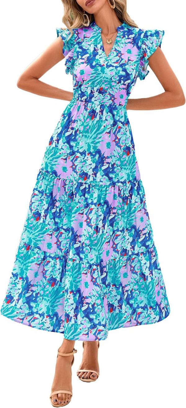 PRETTYGARDEN Women's 2025 Summer Floral Midi Dress Cap Sleeve V Neck Ruffle Long Flowy Boho Casual Beach Vacation Dresses - Image 76
