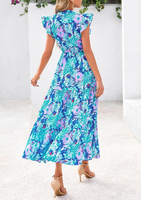 PRETTYGARDEN Women's 2025 Summer Floral Midi Dress Cap Sleeve V Neck Ruffle Long Flowy Boho Casual Beach Vacation Dresses - Image 77