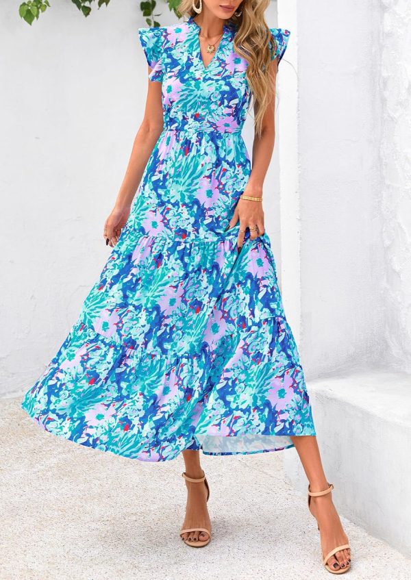 PRETTYGARDEN Women's 2025 Summer Floral Midi Dress Cap Sleeve V Neck Ruffle Long Flowy Boho Casual Beach Vacation Dresses - Image 78