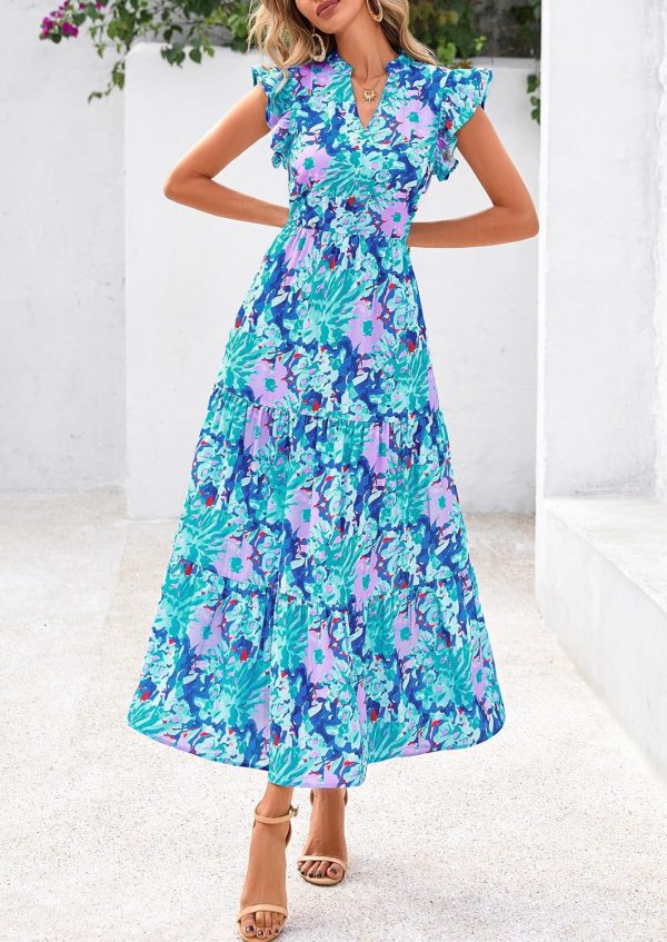 PRETTYGARDEN Women's 2025 Summer Floral Midi Dress Cap Sleeve V Neck Ruffle Long Flowy Boho Casual Beach Vacation Dresses - Image 81