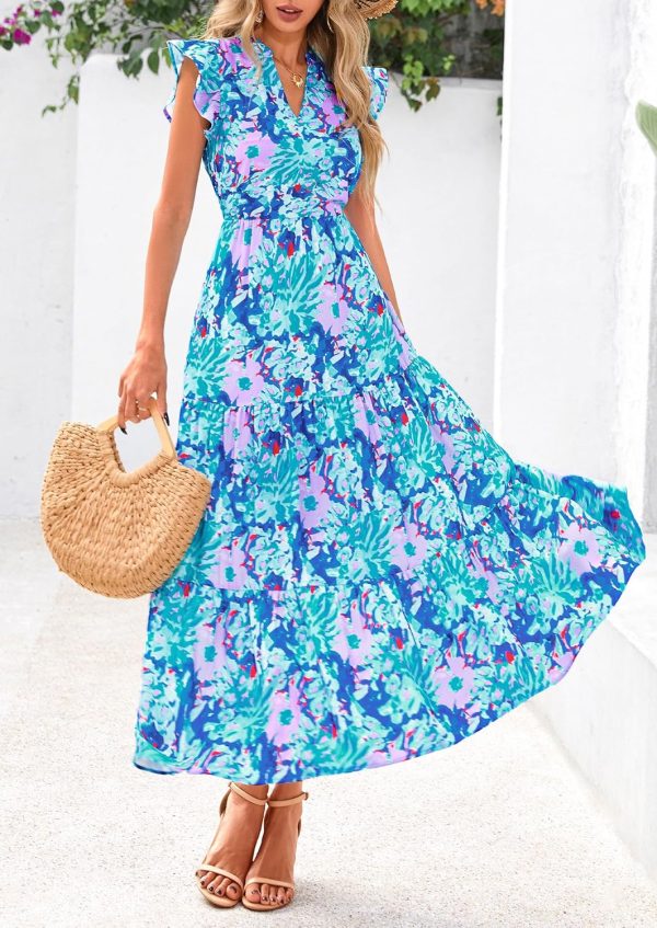 PRETTYGARDEN Women's 2025 Summer Floral Midi Dress Cap Sleeve V Neck Ruffle Long Flowy Boho Casual Beach Vacation Dresses - Image 82
