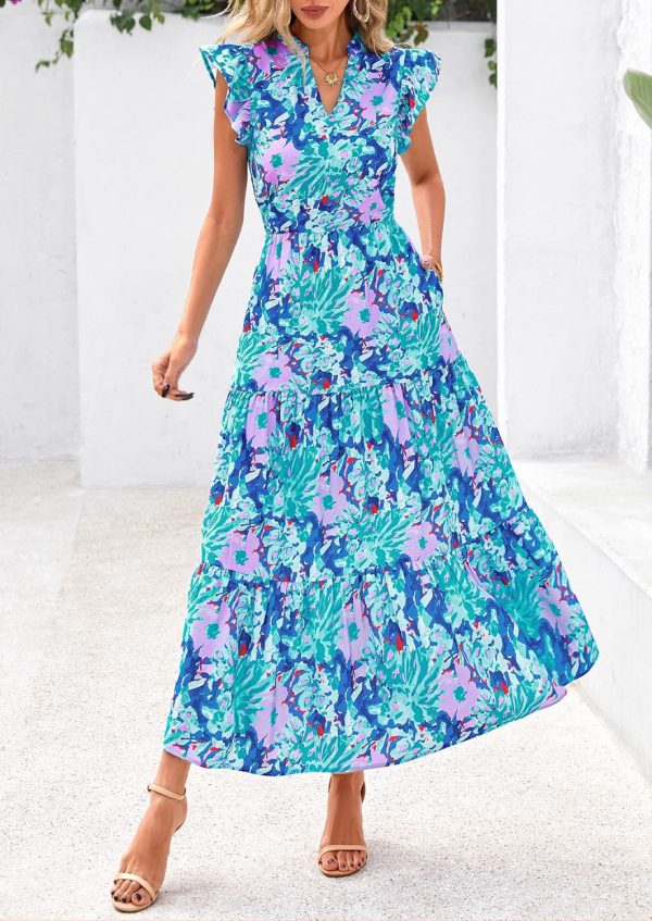 PRETTYGARDEN Women's 2025 Summer Floral Midi Dress Cap Sleeve V Neck Ruffle Long Flowy Boho Casual Beach Vacation Dresses - Image 83