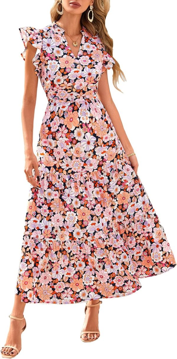 PRETTYGARDEN Women's 2025 Summer Floral Midi Dress Cap Sleeve V Neck Ruffle Long Flowy Boho Casual Beach Vacation Dresses - Image 84