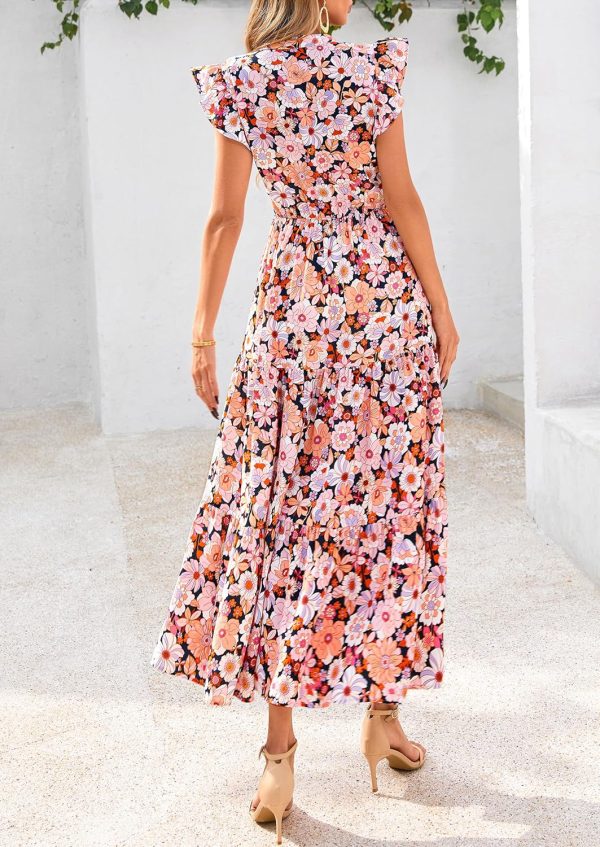 PRETTYGARDEN Women's 2025 Summer Floral Midi Dress Cap Sleeve V Neck Ruffle Long Flowy Boho Casual Beach Vacation Dresses - Image 85