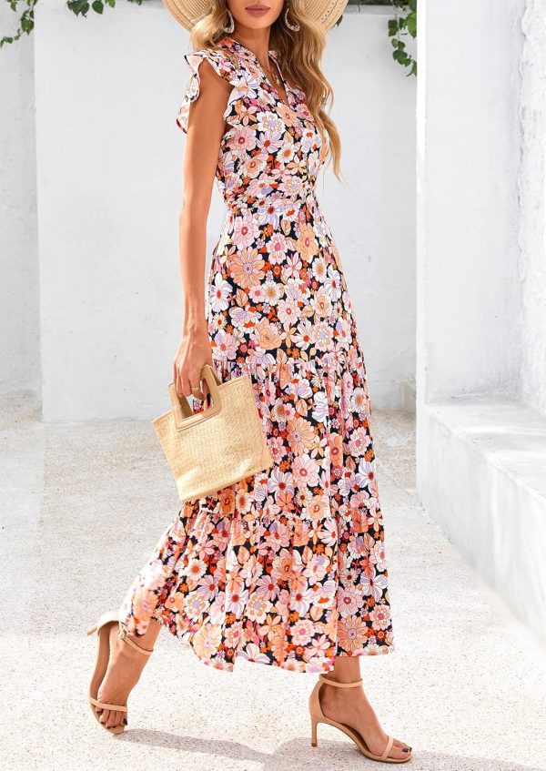 PRETTYGARDEN Women's 2025 Summer Floral Midi Dress Cap Sleeve V Neck Ruffle Long Flowy Boho Casual Beach Vacation Dresses - Image 87