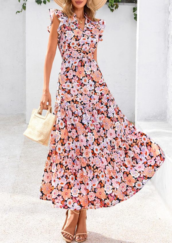 PRETTYGARDEN Women's 2025 Summer Floral Midi Dress Cap Sleeve V Neck Ruffle Long Flowy Boho Casual Beach Vacation Dresses - Image 89